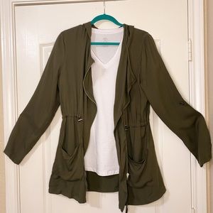 Large Olive green Hooded asymmetrical jacket.